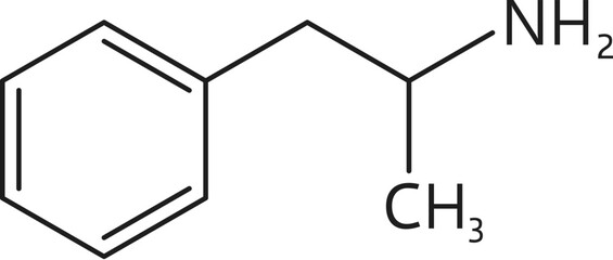 Amphetamine structure, synthetic drug molecule formula. Illegal substance atomic composition, addictive narcotic chemical formula or synthetic Amphetamine drug molecule vector formula - obrazy, fototapety, plakaty