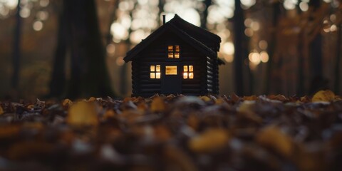 A tiny wooden cabin with glowing windows nestled among fallen autumn leaves in a serene forest. - obrazy, fototapety, plakaty