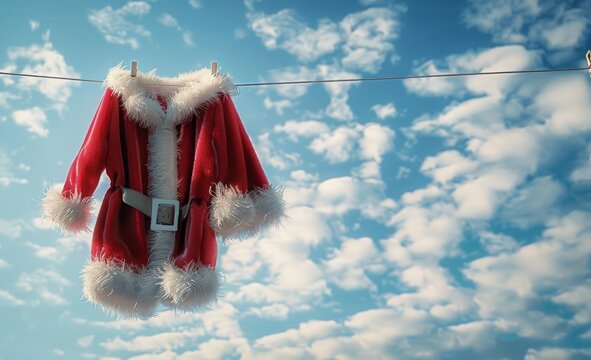 A vibrant image capturing Santa Claus's red and white suit hanging on a clothesline against a bright blue sky with fluffy clouds, symbolizing the end of the Christmas season