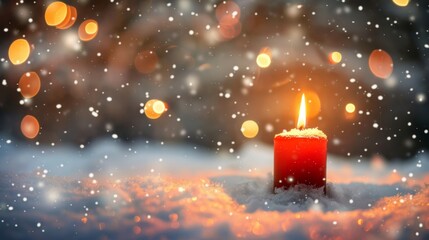 A solitary red candle burns brightly against a soft-focus winter backdrop with falling snow.