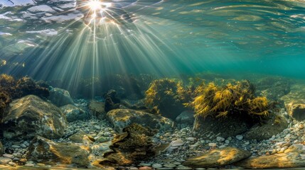 Fototapeta premium Underwater view capturing the sunlight rays beaming down onto a rocky seabed with marine algae.