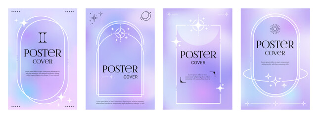 Modern aesthetic purple gradient Y2K posters and abstract backgrounds, vector cover templates. Pastel or neon purple color gradient posters with Y2K aesthetic geometric and simple minimal frames