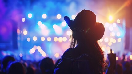 Back view of a woman with a cowboy hat silhouetted against vibrant stage lights at a music event. - obrazy, fototapety, plakaty