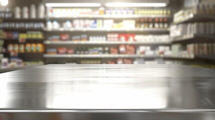 A close-up view of an empty metal shelf with a blurry supermarket aisle background.