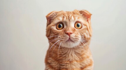 Close-up of a ginger cat with wide eyes and a surprised expression against a white background.