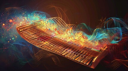 Artistic representation of a musical instrument invented by acousticians and musicians, which creates a range of sounds from different musical cultures.