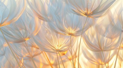 Close-up of delicate dandelion seeds backlit by warm golden light, exuding a dreamy and soft atmosphere. - obrazy, fototapety, plakaty