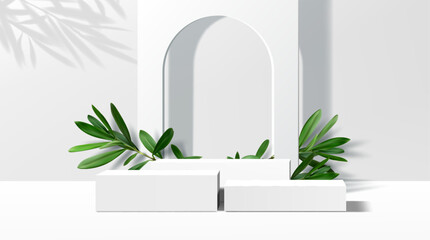 3d white podium stage with green olive leaves. Realistic 3d vector platform or pedestal mockup for products presentation in studio. Background with rectangular stands and arch for displaying cosmetics