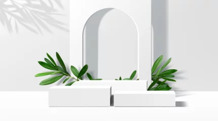 Gordijnen 3d white podium stage with green olive leaves. Realistic 3d vector platform or pedestal mockup for products presentation in studio. Background with rectangular stands and arch for displaying cosmetics © Vector Tradition