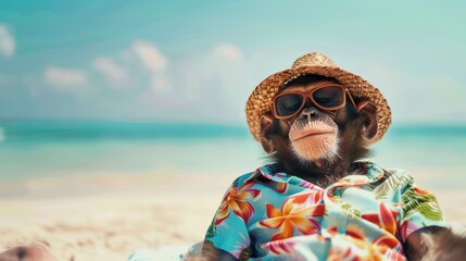 Cute monkey Sunbathing on the beach in a Hawaiian shirt and hat. Summer creative koncept