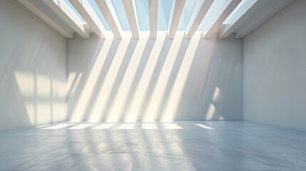 Modern minimalist interior design featuring stark white room bathed in natural sunlight creating sharp shadows.
