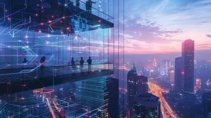 Cloud engineers in a transparent office suspended above the city using AR to visualize network architecture, in a visionary, futuristic style.