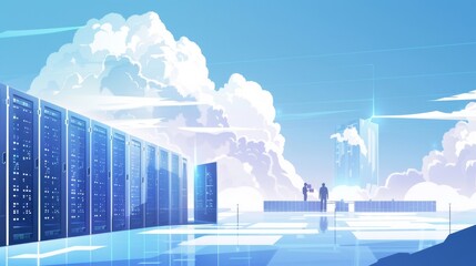 Fototapeta premium Cloud engineers in an arctic server farm monitoring global data, in a stark, high-contrast icy blue style.