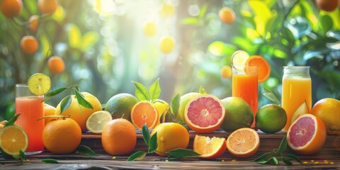 Colorful citrus fruits and freshly squeezed juices on a wooden table with lush foliage background. - obrazy, fototapety, plakaty