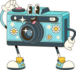 Cartoon groovy photo camera retro character. Isolated vector funky, hippie style photocamera personage adorned with vibrant daisy flowers, stars and playful smile push shooting button to make snapshot
