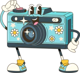 Foto auf Alu-Dibond Cartoon groovy photo camera retro character. Isolated vector funky, hippie style photocamera personage adorned with vibrant daisy flowers, stars and playful smile push shooting button to make snapshot © Vector Tradition