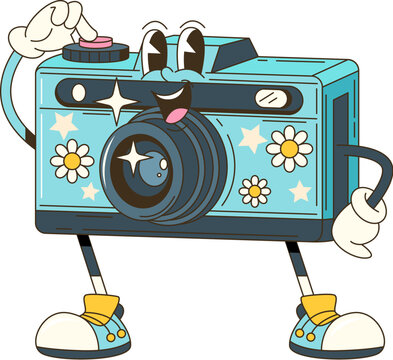 Fototapeta Cartoon groovy photo camera retro character. Isolated vector funky, hippie style photocamera personage adorned with vibrant daisy flowers, stars and playful smile push shooting button to make snapshot