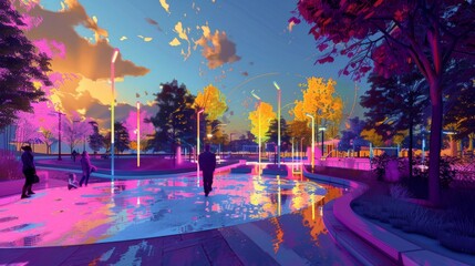 Concept art for a public park that integrates 90s-style graffiti art with interactive, digital art installations. - obrazy, fototapety, plakaty