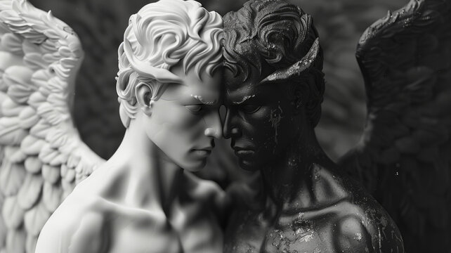Contrast between angel and demon statues in black and white, conceptual art piece