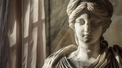 Elegant marble statue of a Grecian woman with intricate carvings, warm light and shadows