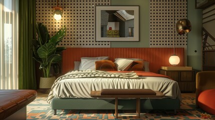 Concept design of a modern boutique hotel room that features an early 2000s aesthetic, including a dot-matrix wall print.