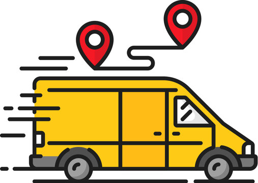 recommend clip art: Fast delivery truck color line icon of vector shipping, cargo carriage and package delivery service. Logistics and supply chain outline sign with yellow van, courier car and truck, shipping route pins