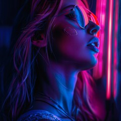A woman is captured in vibrant neon lighting highlighting her unique hairstyle and stylish earrings in a modern and captivating portrait