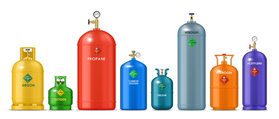 Realistic gas metal cylinders, tank bottles or containers of oxygen, propane and hydrogen, vector LPG canisters. Realistic barrels of compressed gas storage cylinders with argon, helium and nitrogen - obrazy, fototapety, plakaty