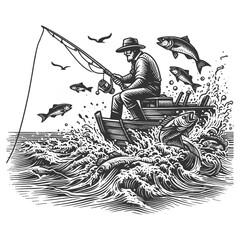 fisherman in a hat, seated in a small boat, reeling in vigorously leaping fish sketch engraving generative ai fictional character vector illustration. Scratch board imitation. Black and white image.