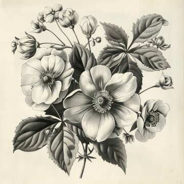Nostalgic old engraving, delicate flowers immortalized in intricate detail, evoking the timeless beauty and craftsmanship of traditional engraving techniques, a vintage tribute to nature's elegance
