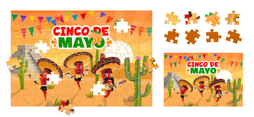 Jigsaw puzzle game pieces, cinco de mayo Mexican holiday pepper musician characters in desert. Cartoon educational boardgame, vector worksheet for preschool children with funny jalapeno mariachi band
