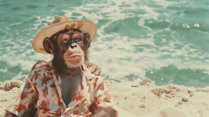 Two monkeys in stylish beachwear with straw hats lounging under a palm tree against a clear blue sea background - obrazy, fototapety, plakaty