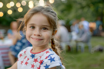 Little Caucasian girl wearing patriotic T-shirt U.S. flag during outdoor celebration for American Independence Day