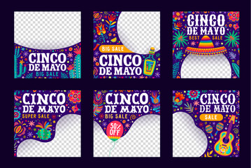 Cinco de mayo social media post templates. Mexican holiday vector square frames, capture the festive spirit, cultural pride and joy of Mexico with colorful alebrije style sombrero, guitar and flowers - obrazy, fototapety, plakaty
