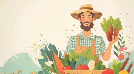  Happy Farmer with Harvest Illustration