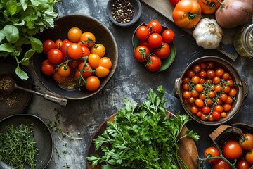 A table with a variety of fruits and vegetables, including tomatoes, basil, and garlic. The table is set for a meal, with bowls of different sizes and shapes containing the ingredients - obrazy, fototapety, plakaty