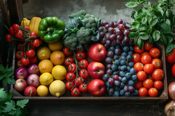 A wooden crate filled with a variety of fruits and vegetables, including apples, oranges, and...