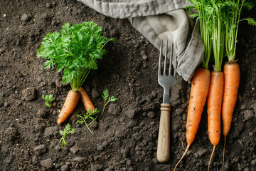 A fork and a bunch of carrots are on a dirt ground - obrazy, fototapety, plakaty