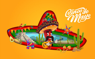 Mexican sombrero paper cut Cinco de mayo holiday banner with mustached mariachi red jalapeno pepper playing guitar. Vector layered 3d frame with cacti, maracas, pyramid, pinata, tex mex taco, avocado