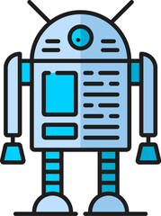 Game retro robot, alien humanoid virtual bot, futuristic droid line color icon. Virtual assistant humanoid droid, robotic technology vintage bot or alien cyborg symbol. AI robot outline vector icon