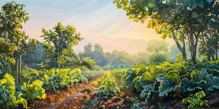 Lush vegetable garden at sunrise, dew on leaves, oil painting, wide banner view, soft light 