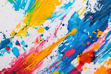 colorful paint splatters and brush strokes on white canvas abstract acrylic background - obrazy, fototapety, plakaty