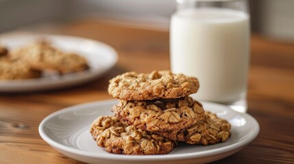 Obraz premium Freshly baked oatmeal cookies with a glass of milk