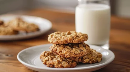 Tuinposter Freshly baked oatmeal cookies with a glass of milk © 2rogan