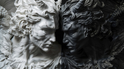 Contrasting faces of angel and demon in high-detail sculpture, monochromatic artistry