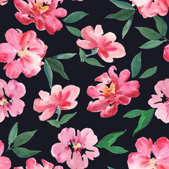 Modern watercolor seamless pattern with cute colorful red and pink rose flowers. Hand-drawn artistic illustration.