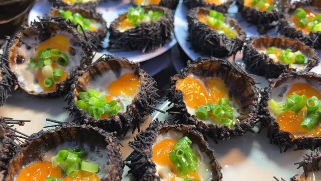 Fresh opened Sea Urchins with quail egg and soy sauce on plate close-up urchins with ice, ready to eat. Border design, delicatessen food. Traditional Mediterranean food. Roe. Sea food closeup