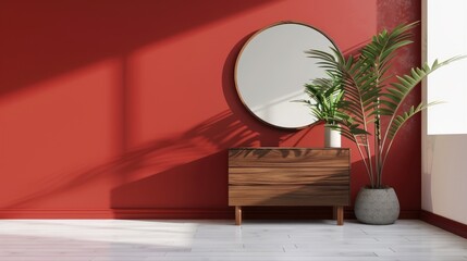 Modern interior design featuring a round mirror and a chest of drawers next to a red wall in a room