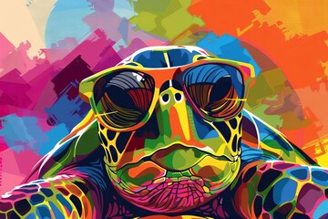 cool turtle wearing sunglasses colorful abstract vector art illustration