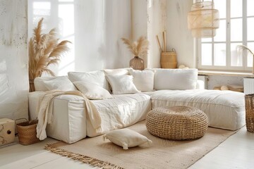 cozy beige living room interior with white sofa and natural decorations modern home design